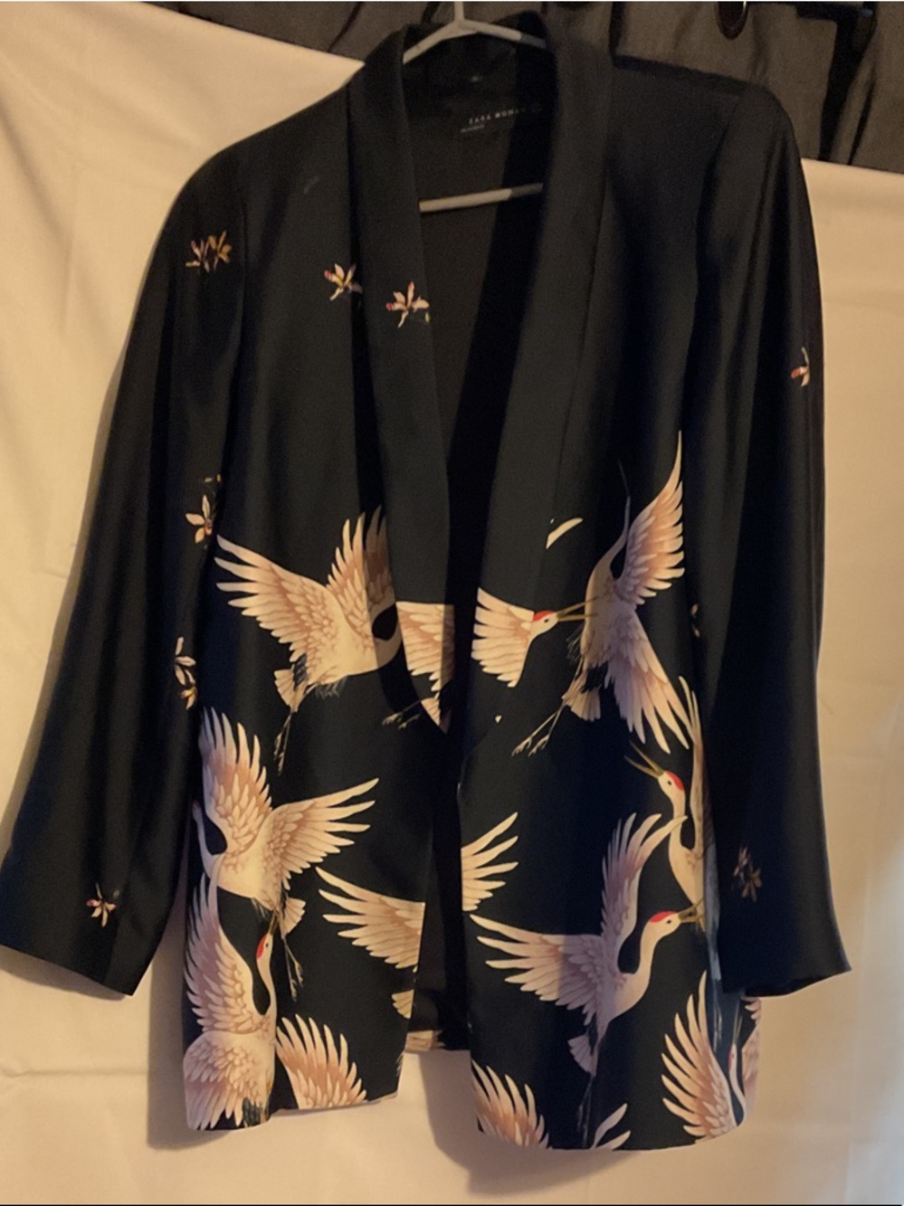 Zara Black Blazer and matching elephant pants with Crane Print in Pastel Tones